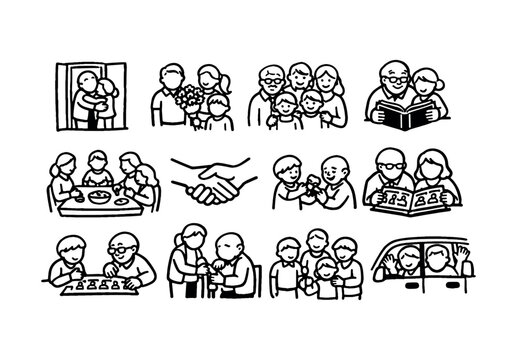 Family visit icon set. family, relatives, parents, grandparents, children, reunion, meal, greeting, handshake, reading, car, playing, visiting, home, support. line and flat vector illustration.