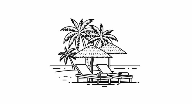 A serene beach scene with palm trees and lounge chairs under thatched umbrellas