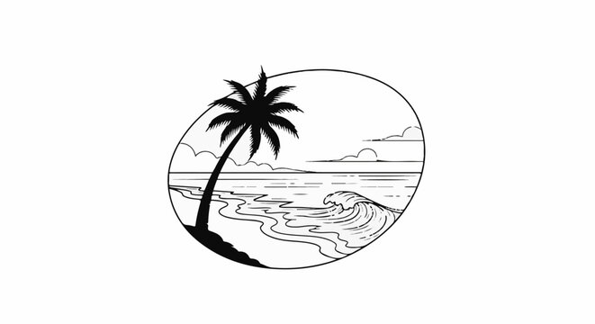 A stylized circular graphic depicts a serene tropical beach scene with a palm tree and breaking wave