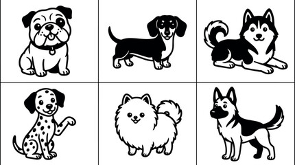 Fototapeta premium Six panel dog collage featuring bulldog beagle dachshund and friends in line art