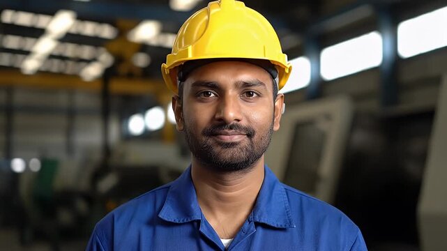 Smiling Indian male worker in yellow hard hat at factory