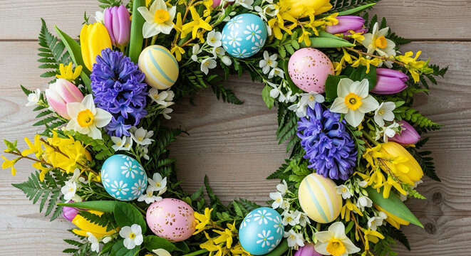 Floral wreath made from spring flowers and Easter eggs forming circular holiday frame