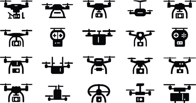 Diverse collection of creative drone designs and icons showcasing various functionalities