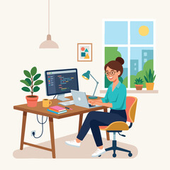 Fototapeta premium Female software developer working on laptop and desktop computer at home office with window view vector illustration