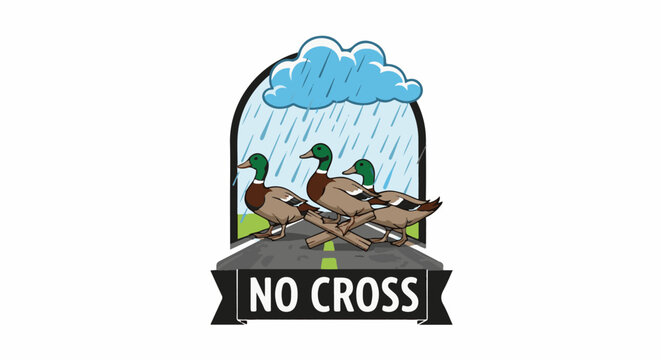 Three ducks crossing a road in the rain, under a banner saying "NO CROSS