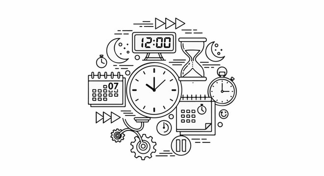 A collection of timekeeping devices and elements arranged in a circular pattern
