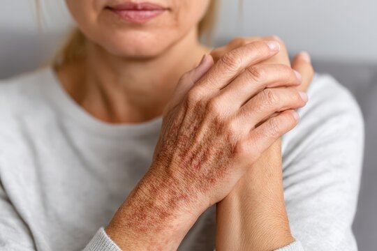 Close-up of a woman's hands showing age spots and wrinkles, indicating skin aging and sun damage.