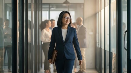 A confident smiling businesswoman in a dark suit walks down a bright modern office hallway