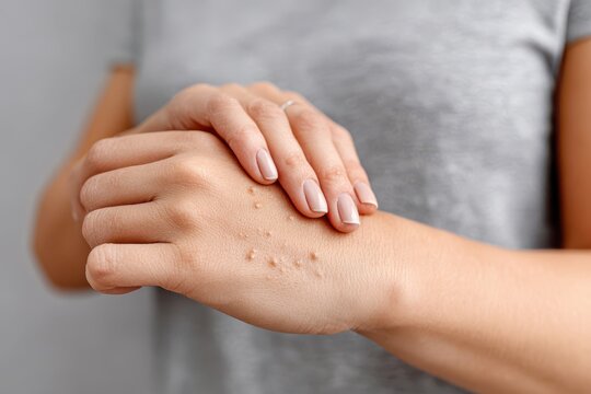 Close-up of a woman's hand showing small bumps, possibly warts or skin tags, on her skin.