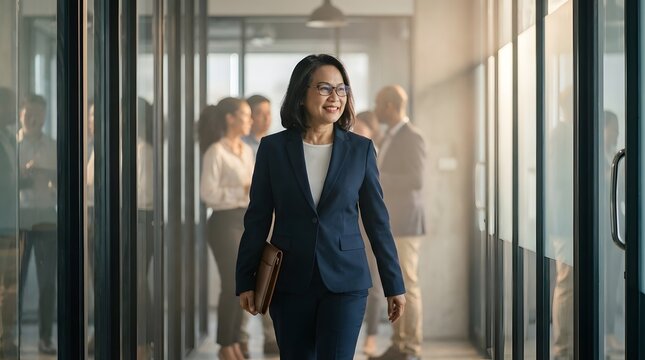 A confident smiling businesswoman in a dark suit walks down a bright modern office hallway