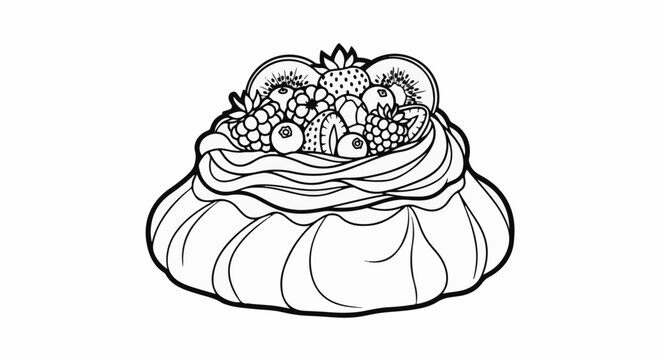 A line drawing of a meringue dessert topped with various fruits