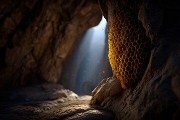 Obraz premium Bee hive located inside a cave with light shining through small opening during the day