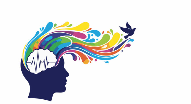 Colorful mind streams outward from a silhouetted head, a bird takes flight