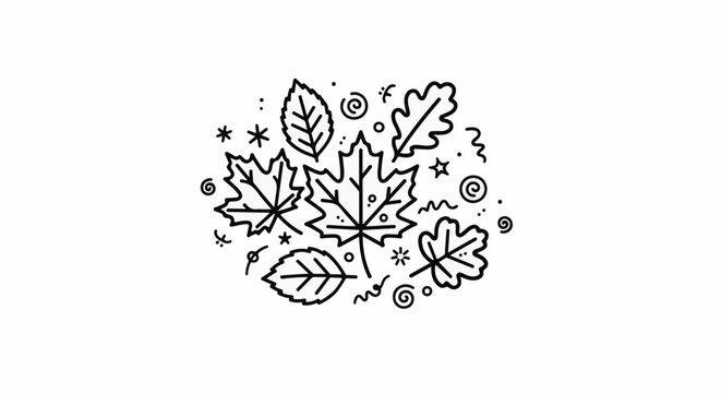 Whimsical line art of autumn leaves and playful shapes, black and white