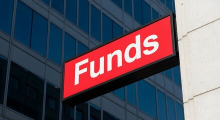 Fototapeta premium Red Funds Sign Illuminated Against A Modern Office Building Facade