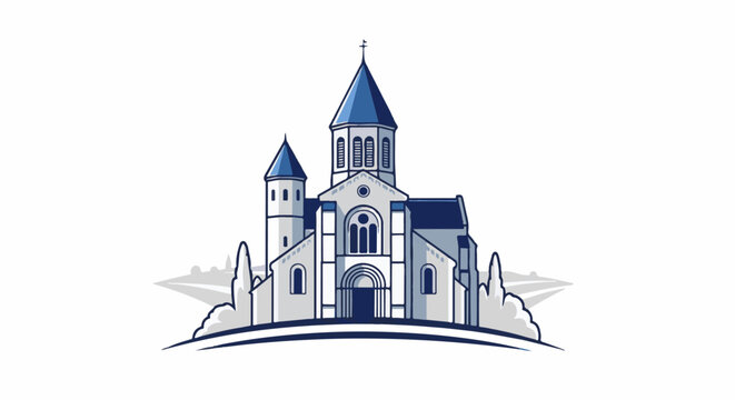 A stylized illustration of a large, ornate church with blue accents against a white background