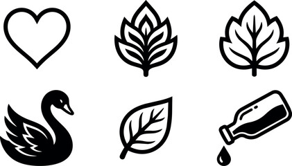 Fototapeta premium Vector line icons of heart leaf leaves swan and bottle with drop