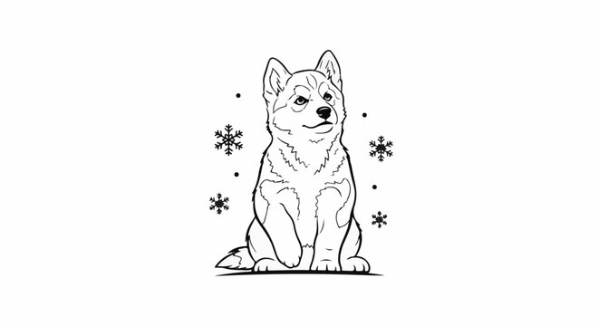 A black and white line drawing of a husky puppy surrounded by snowflakes
