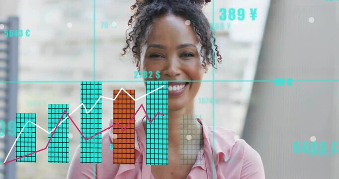 Woman standing before window, onscreen gridlines aligning then bars rising, showing finance trends