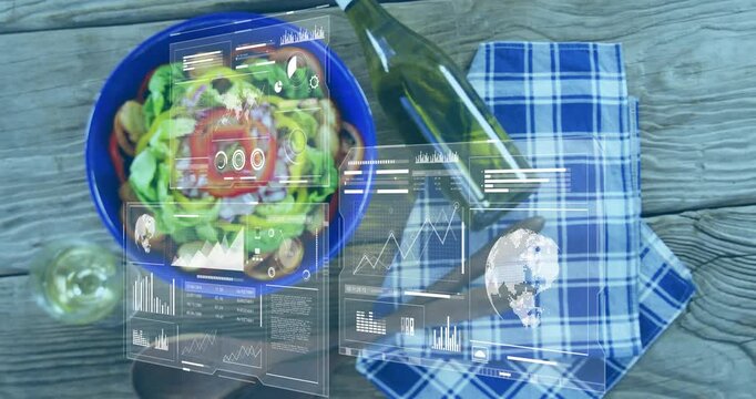 Camera pulling back revealing holographic HUD over blue bowl with charts animating for food tech