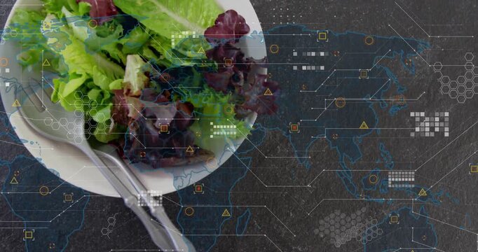 Blue map starting overlay animating as camera shifting bowl of salad into center showing food data
