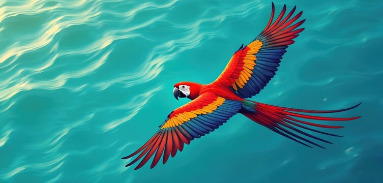 Scarlet macaw bird with bright red blue yellow feathers flies over ocean waves. Tropical parrot wings spread wide in flight, sky background. Exotic animal nature wildlife.