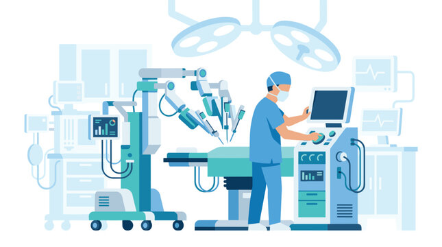 A skilled surgeon in a sterile operating room uses an advanced console to perform a minimally invasive procedure with a sophisticated medical robotics system.