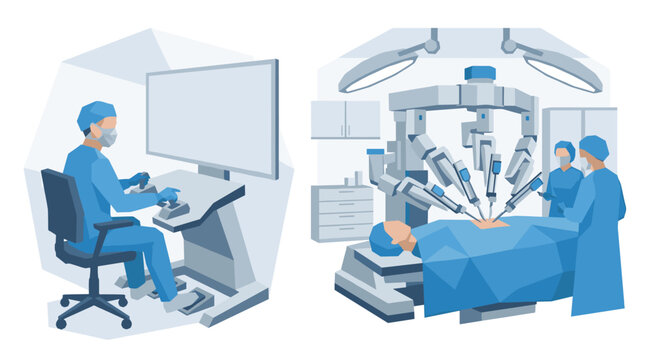 A split-screen vector illustration contrasts a surgeon operating a remote console with the robotic arms performing a precise medical procedure on a patient.