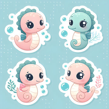 Cute cartoon seahorses stickers on blue background