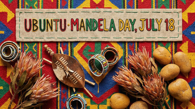 A colorful assembly of African cultural elements, including proteas and beaded crafts, celebrates Ubuntu and Mandela Day.