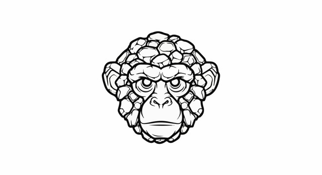 A stylized black and white illustration of a monkey's head with stone-like fur