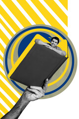 Obraz premium Trend image vertical photo collage of happy man sit inside book planner fantasy imagination plot encyclopedia plot study