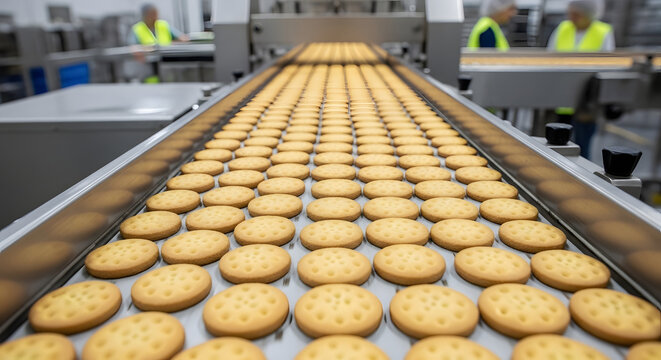 Industrial biscuit production line with workers in factory