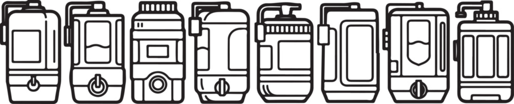 A line drawing of a series of eight different train locomotives Vector