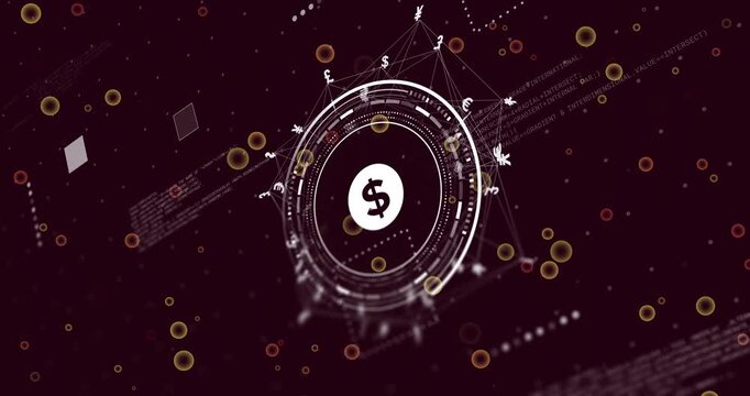 Playback starting while concentric HUD pulsing forming dollar coin nodes and showing finance data