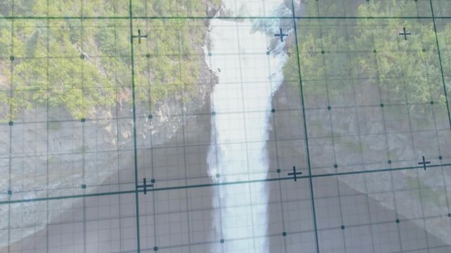 Camera panning down, filming fall, showing waterfall falling, grid staying fixed, mist rising