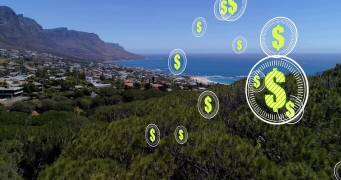 Coastal hill lingering dollar coins emerging right drifting left scaling over trees showing finance