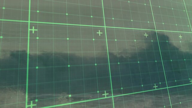 Distant swell forming, wave growing and breaking on shore with green HUD grid tracking marine tech