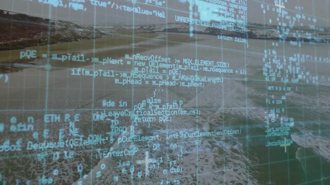 Cyan code-grid overlay scanning coastline on scan, rising then fading to reveal surf for tech