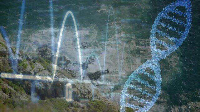 Showing rocky coastline with breaking waves at shoreline, with lit waveform arcs and blue DNA helix