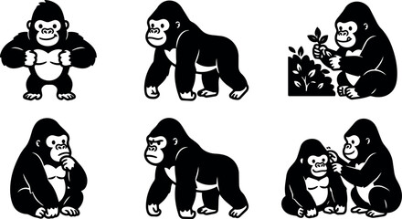 Fototapeta premium Vector art gorilla silhouettes in six black and white poses