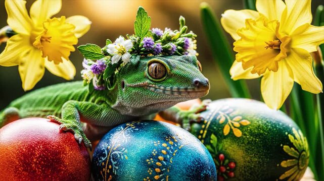A green lizard wearing a flower crown sits on colorful Easter eggs surrounded by yellow daffodils in a garden.