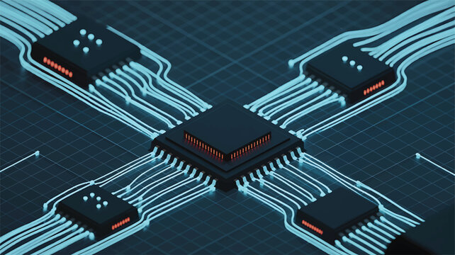 Digital Crossroads: A mesmerizing display of interconnected microchips and intricate circuit boards, forming a dynamic hub of technological advancement, visualizing the essence of innovation.