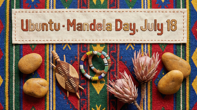 Mandela Day on July 18 is honored with a symbolic arrangement of African cultural items and natural elements representing Ubuntu.