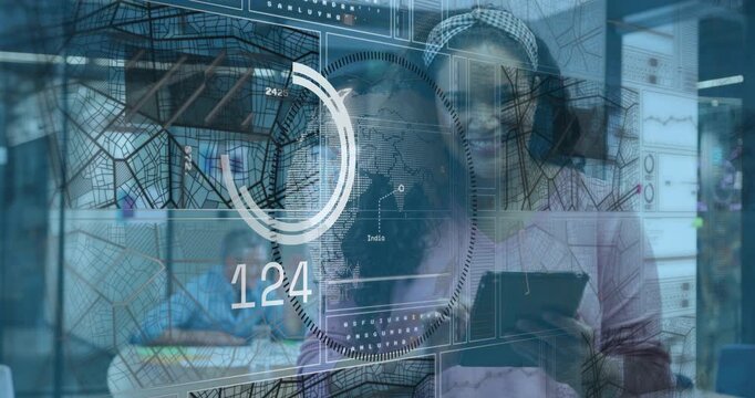 Analyst tapping tablet by glass, lighting HUD maps or rings, cycling values confirming business KPIs