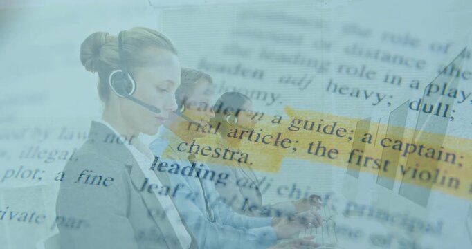 Frames moving showing call-center agents typing, consulting highlighting overlay while chart rising