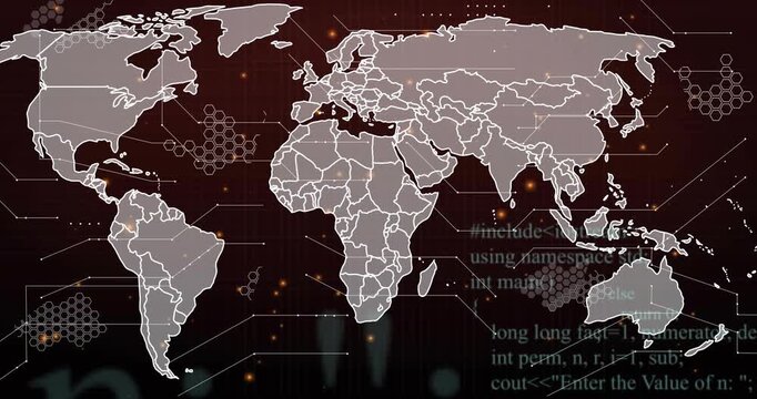 Americas outline appearing, pale map filling screen, drawing borders and pulsing nodes to show data