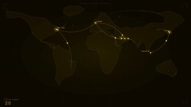 Dynamic global flight routes map visualizing interconnected pathways for international travel and digital data across continents, presented as a glowing dark network