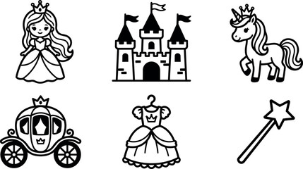 Obraz premium Princess castle unicorn carriage dress and wand line art icons