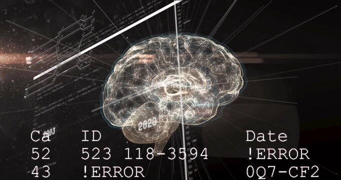 Scan bar starting translucent brain rotating on timeline axis while ID codes updating for diagnosis